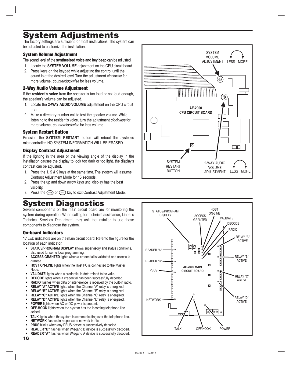 System adjustments, System diagnostics | Linear AE-2000 User Manual | Page 16 / 20