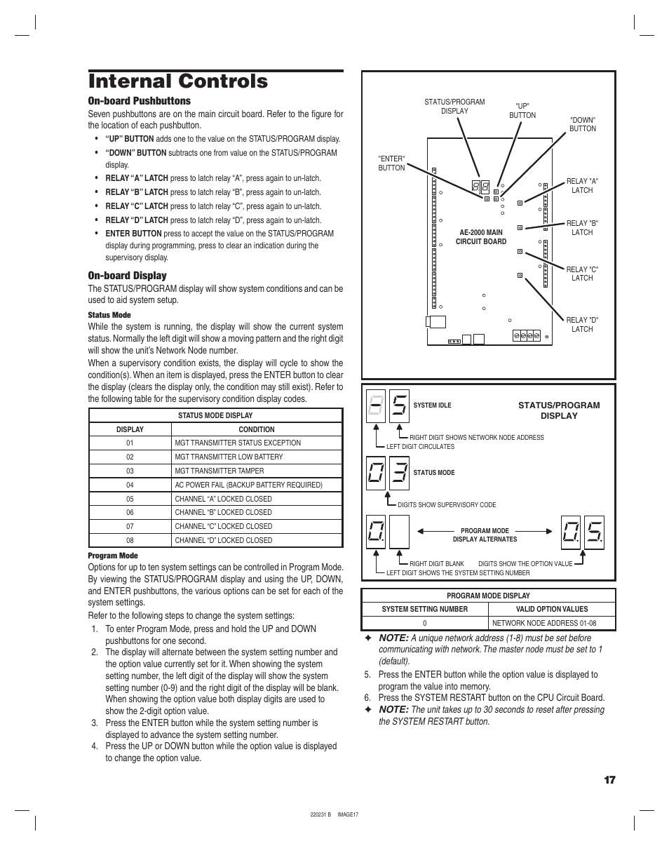 Internal controls, On-board pushbuttons, On-board display | Linear AE-2000 User Manual | Page 17 / 20