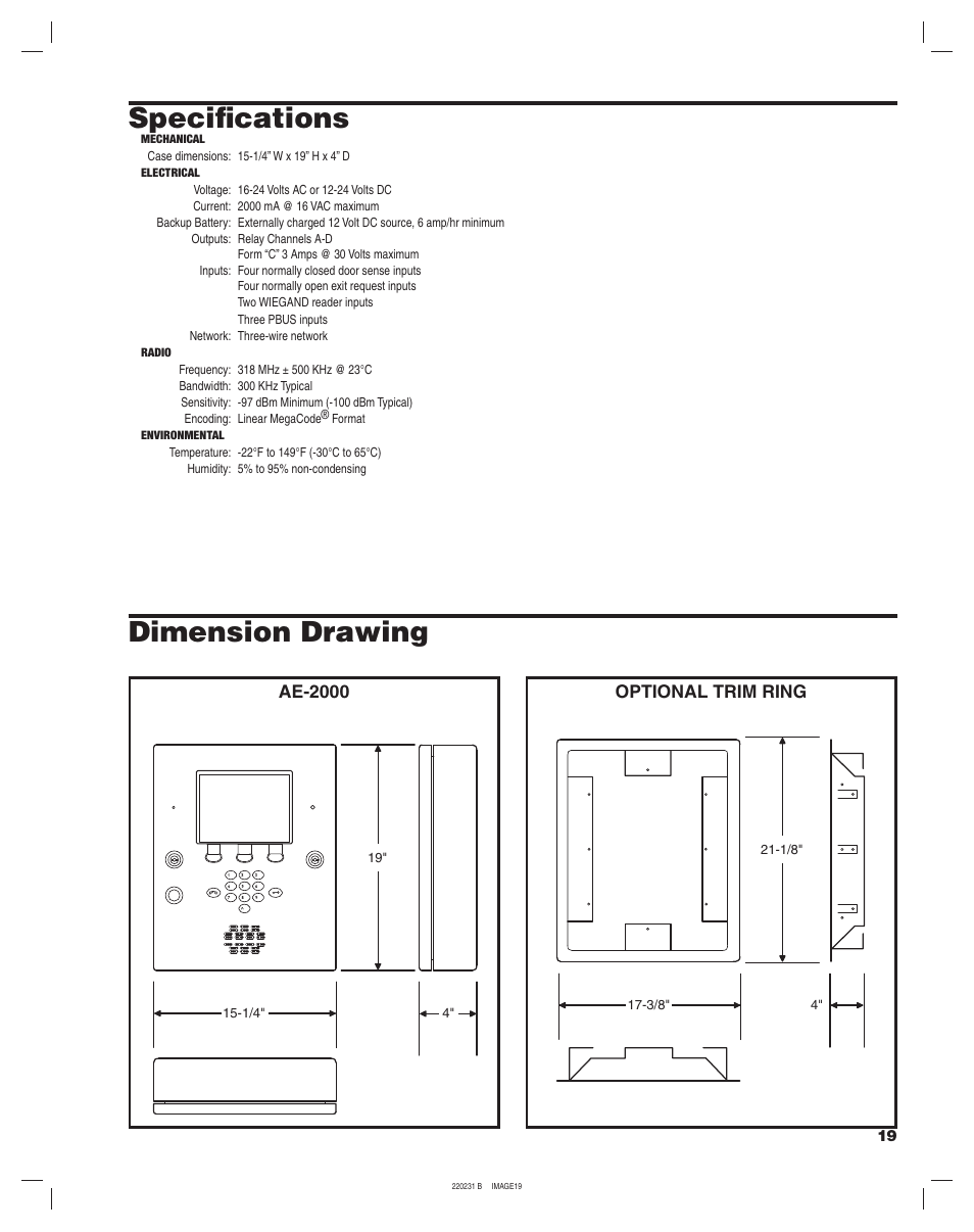 Dimension drawing specifi cations, Optional trim ring, Ae-2000 | Linear AE-2000 User Manual | Page 19 / 20