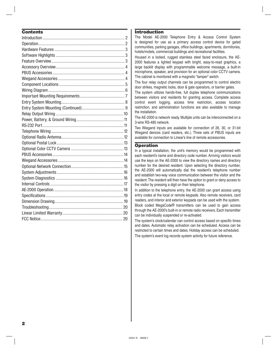 Linear AE-2000 User Manual | Page 2 / 20