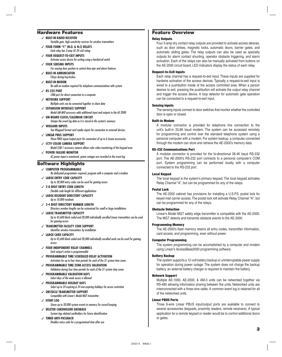 Hardware features, Software highlights, Feature overview | Linear AE-2000 User Manual | Page 3 / 20