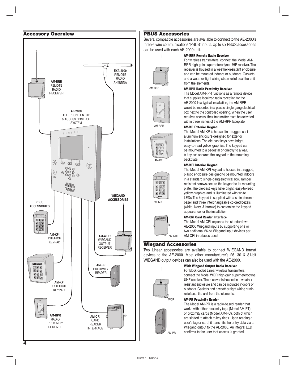 4accessory overview pbus accessories, Wiegand accessories | Linear AE-2000 User Manual | Page 4 / 20