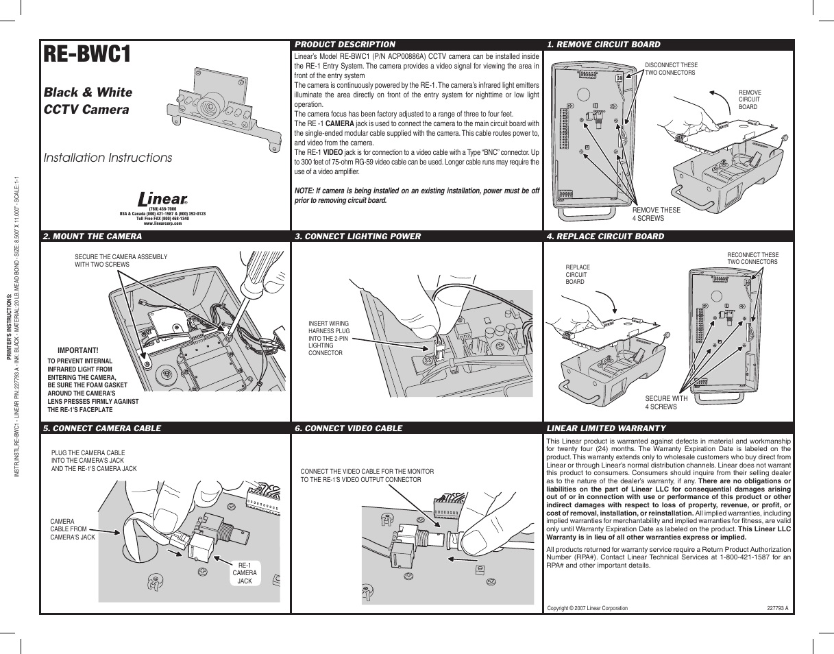 Linear CCTV CAMERA RE-BWC1 User Manual | 1 page