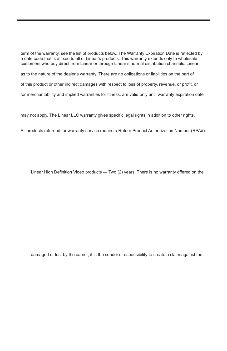 Warranty | Linear COMP-2-HDMI-AD User Manual | Page 11 / 12