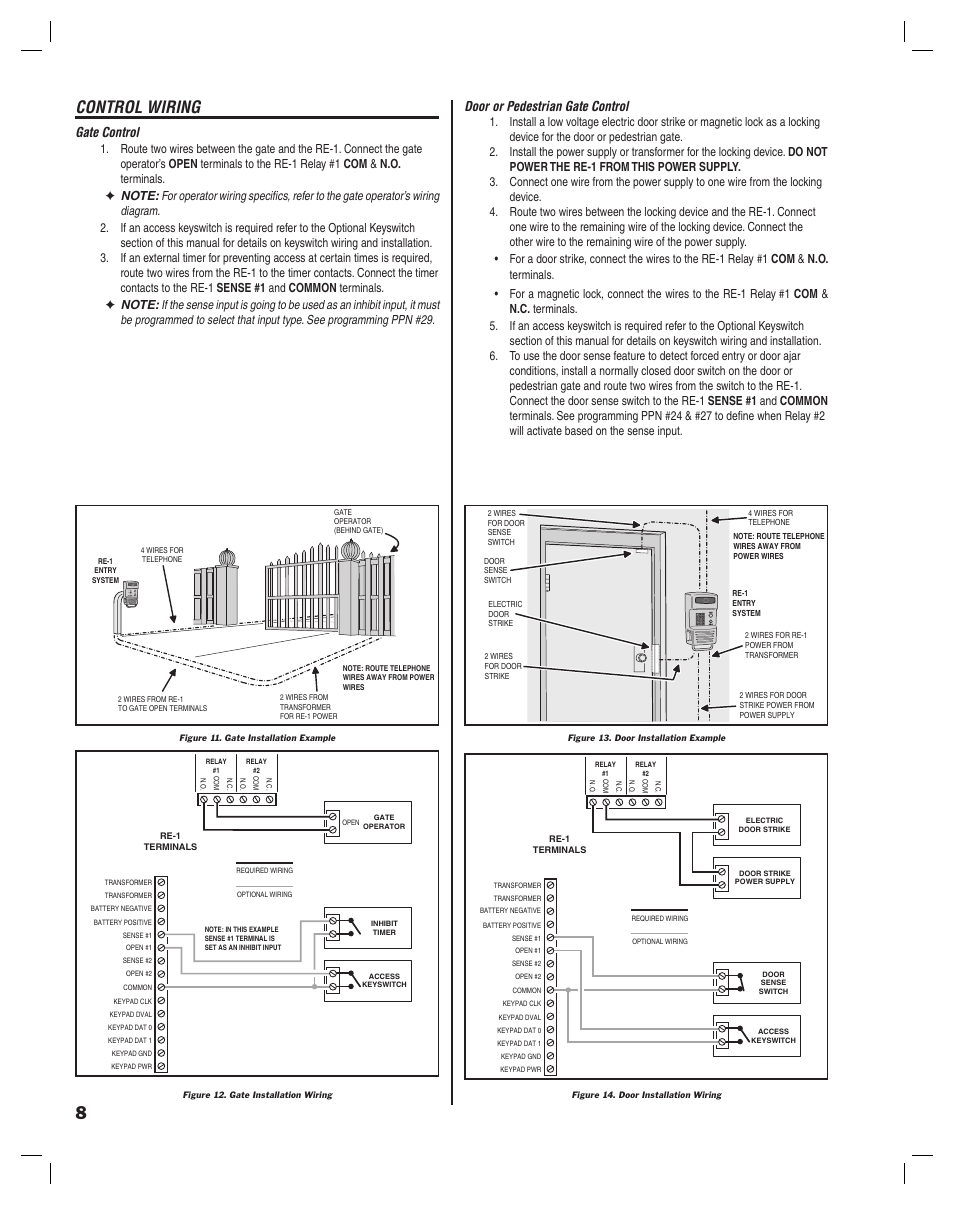 Control wiring, Gate control, Door or pedestrian gate control | Linear RE-1 User Manual | Page 10 / 32