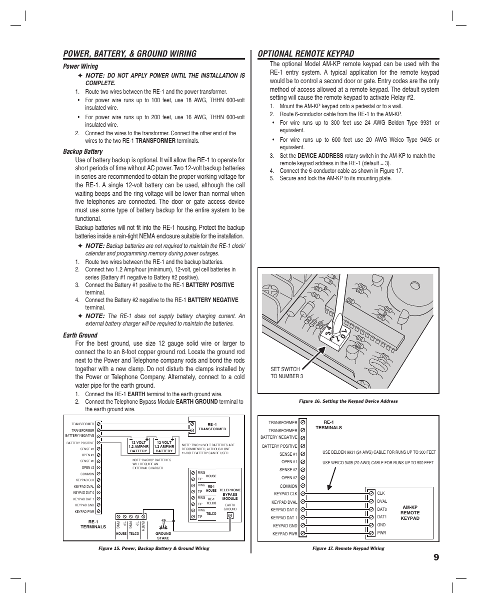 Power, battery, & ground wiring, Optional remote keypad, Power wiring | Linear RE-1 User Manual | Page 11 / 32