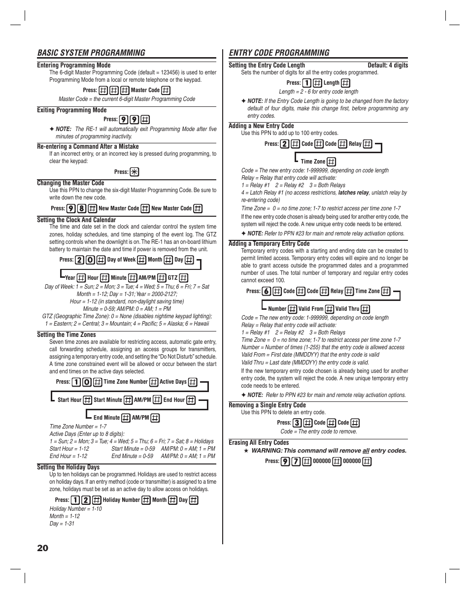 Basic system programming, Entry code programming | Linear RE-1 User Manual | Page 22 / 32