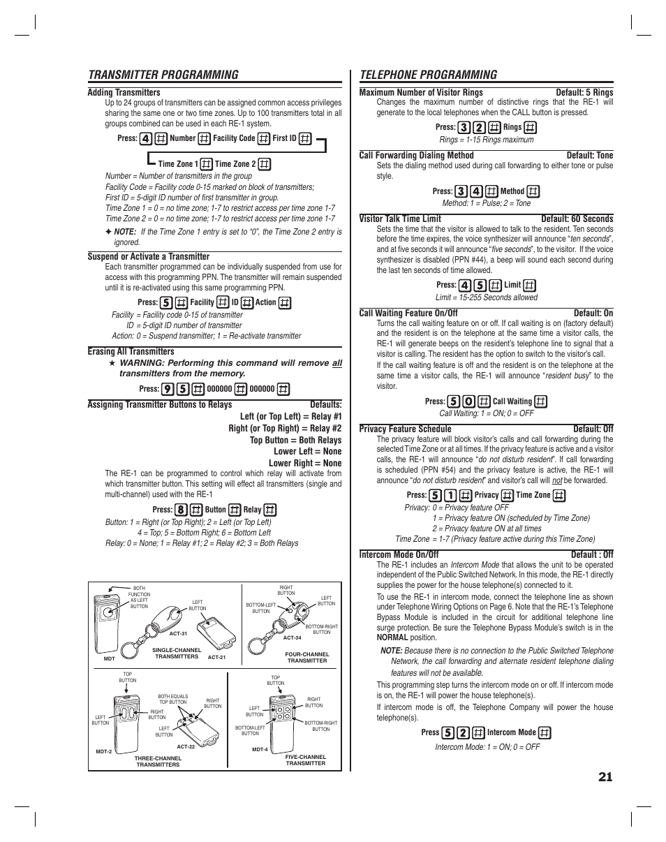 Transmitter programming, Telephone programming | Linear RE-1 User Manual | Page 23 / 32