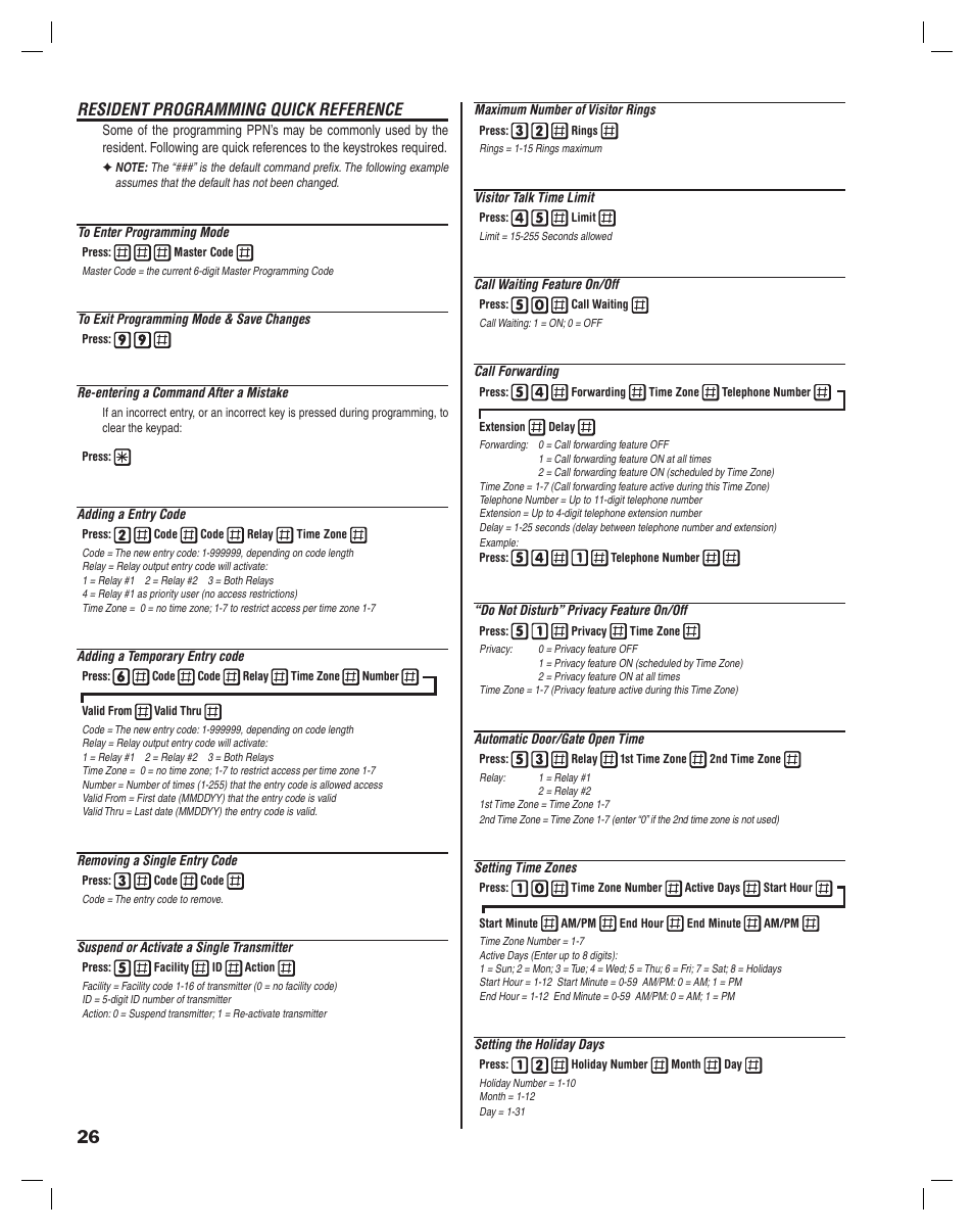 Resident programming quick reference | Linear RE-1 User Manual | Page 28 / 32