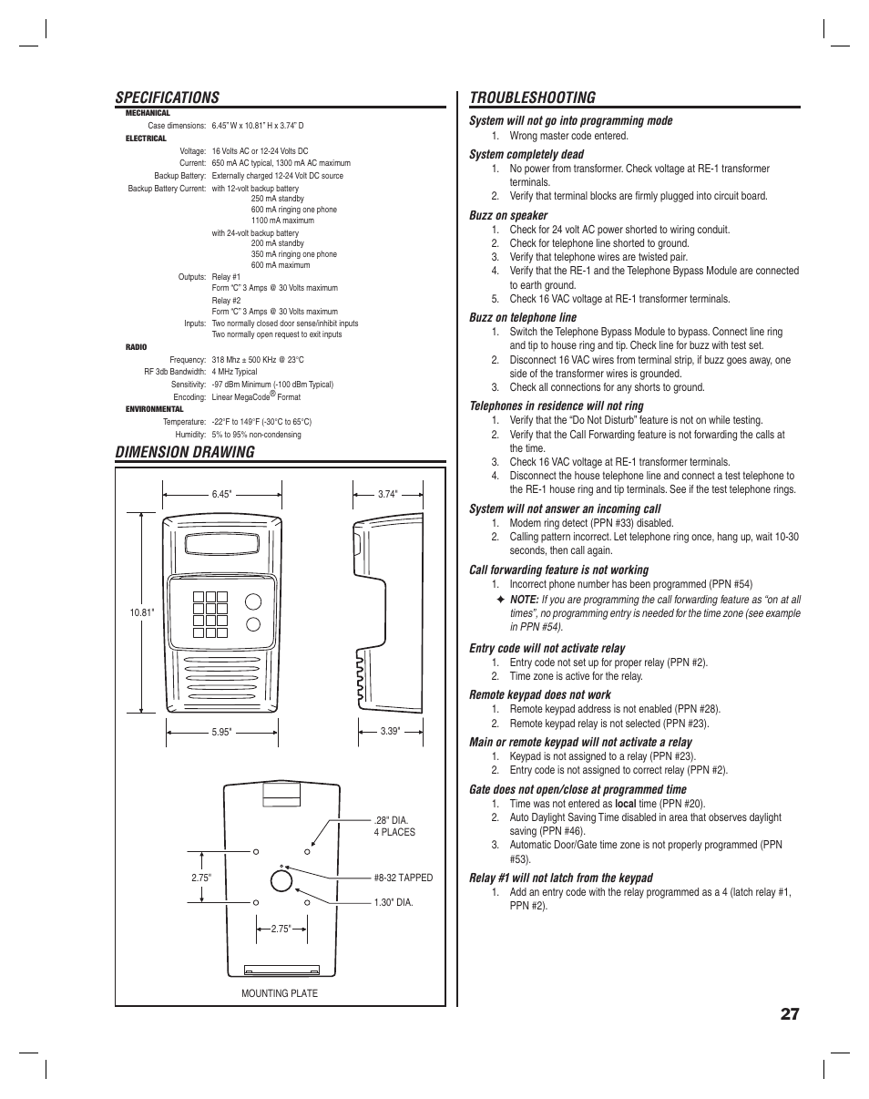 Specifications, Dimension drawing troubleshooting | Linear RE-1 User Manual | Page 29 / 32