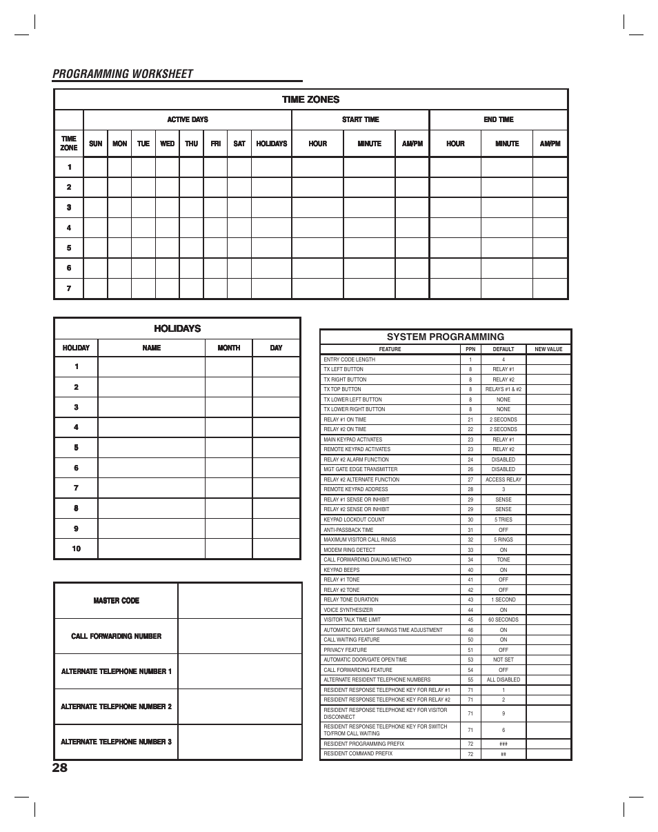 Programming worksheet | Linear RE-1 User Manual | Page 30 / 32