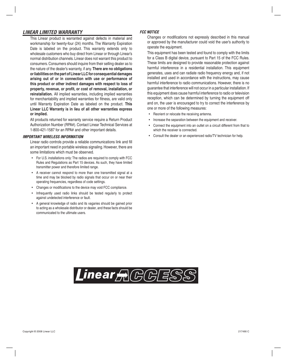 Linear limited warranty | Linear RE-1 User Manual | Page 32 / 32