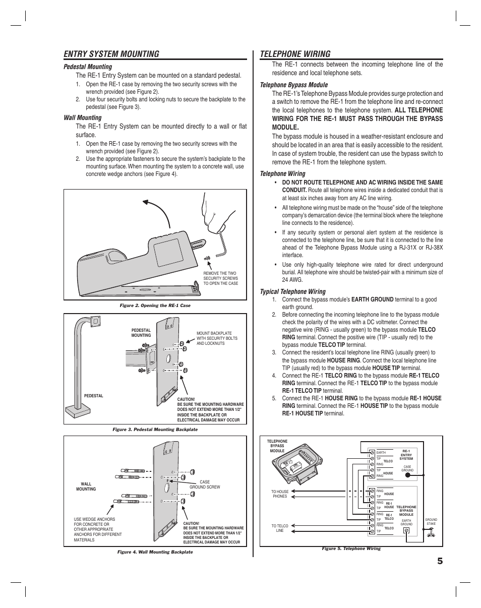 Entry system mounting, Telephone wiring, Typical telephone wiring | Linear RE-1 User Manual | Page 7 / 32