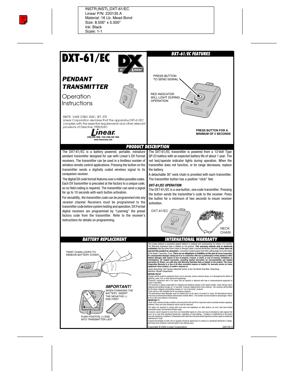 Linear DXT-61/EC User Manual | 1 page