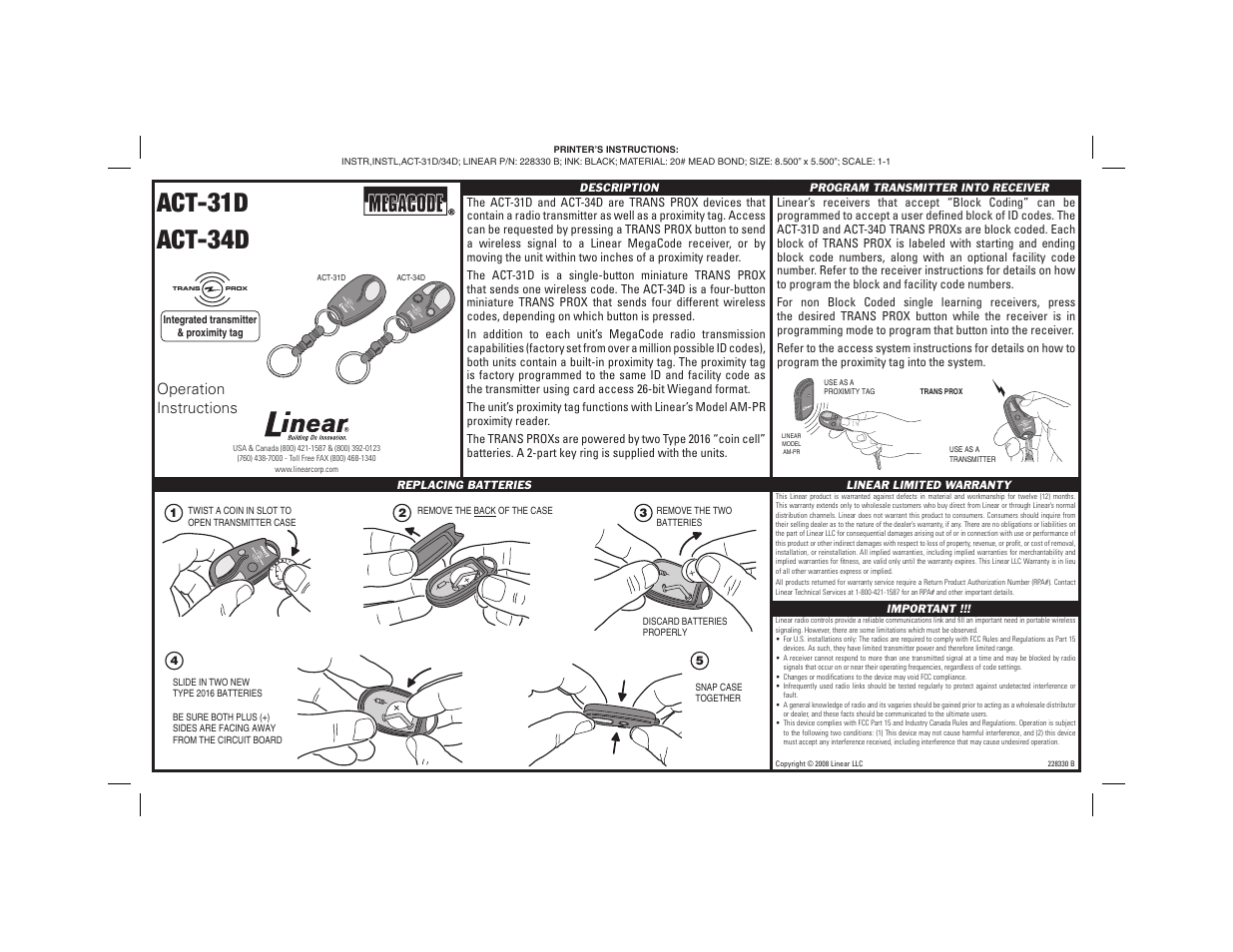 Linear TRANS PROX Devices ACT-31D User Manual | 1 page