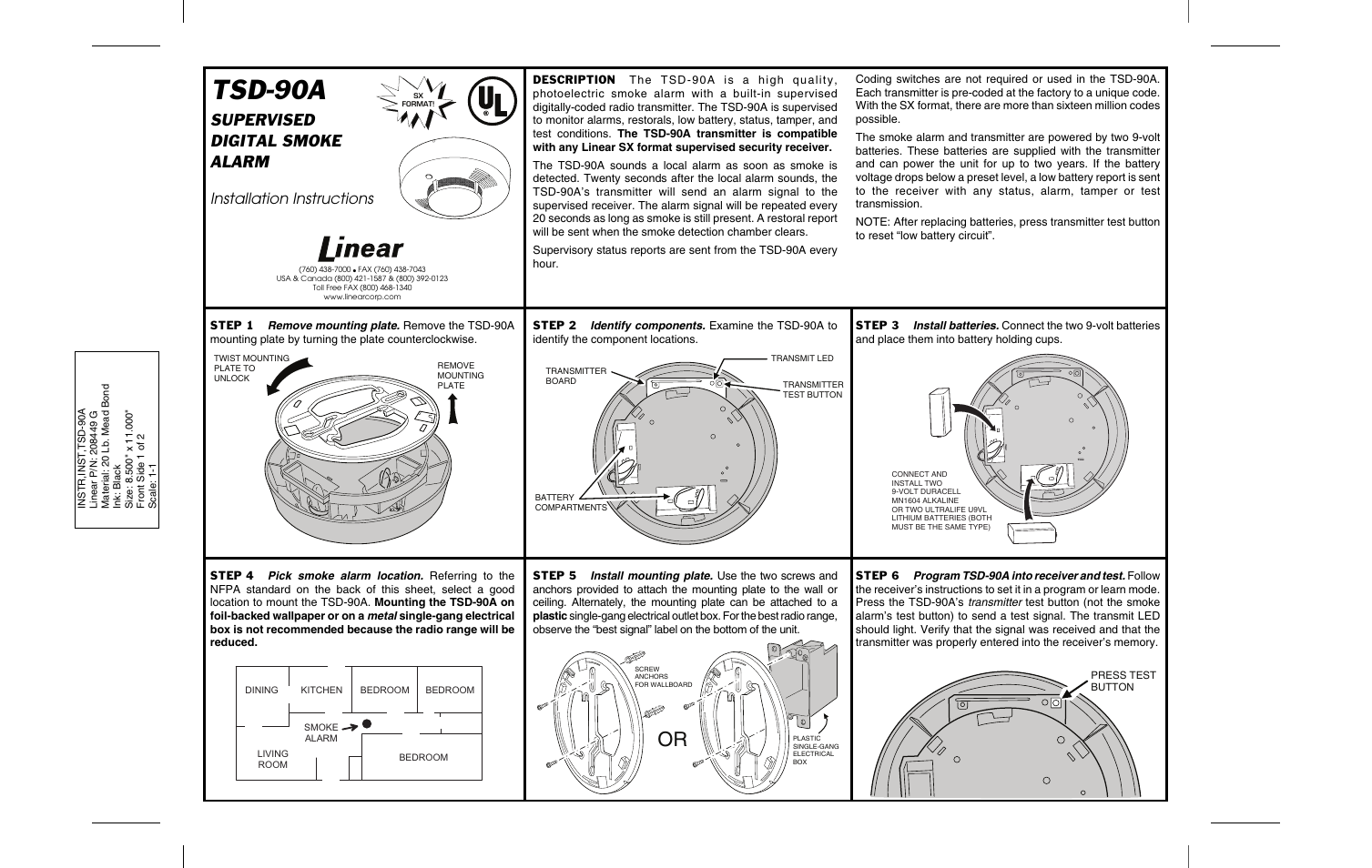 Linear TSD-90A User Manual | 2 pages