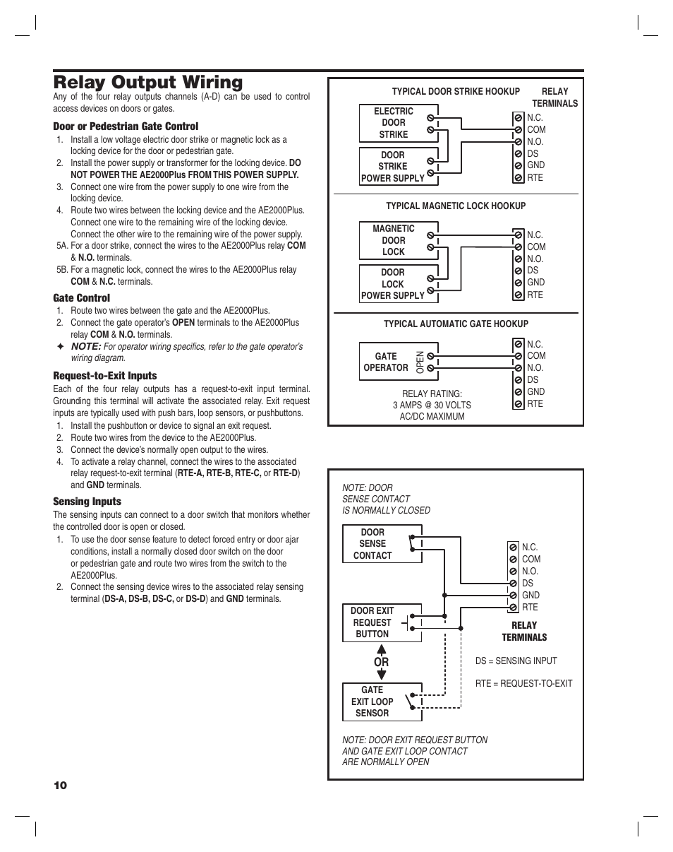 Relay output wiring | Linear AE2000PLUS User Manual | Page 10 / 24