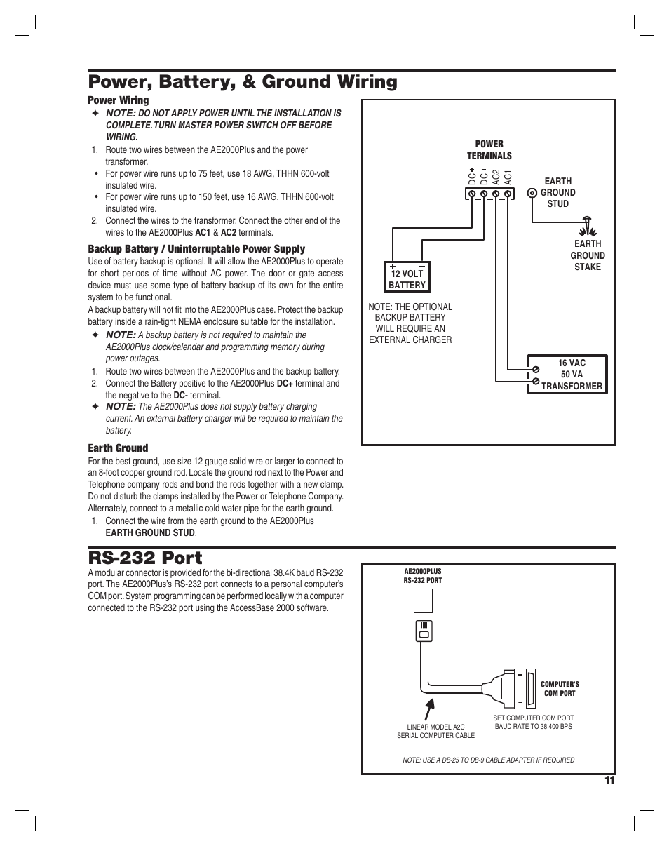 Power, battery, & ground wiring, Rs-232 port | Linear AE2000PLUS User Manual | Page 11 / 24