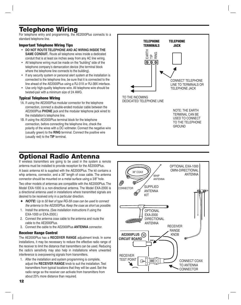 Telephone wiring, Optional radio antenna | Linear AE2000PLUS User Manual | Page 12 / 24