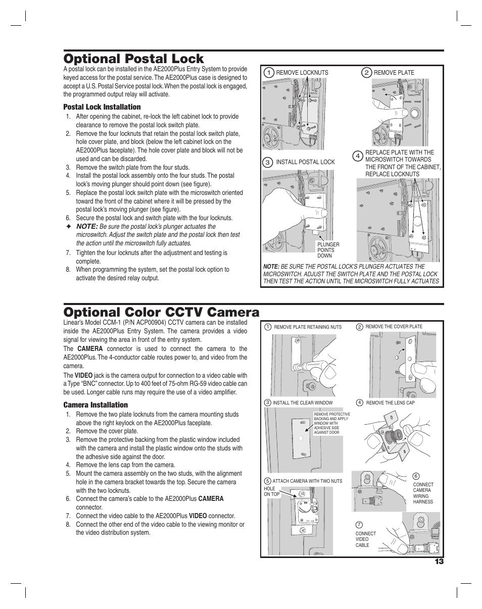 Optional color cctv camera, Optional postal lock, Camera installation | Postal lock installation | Linear AE2000PLUS User Manual | Page 13 / 24