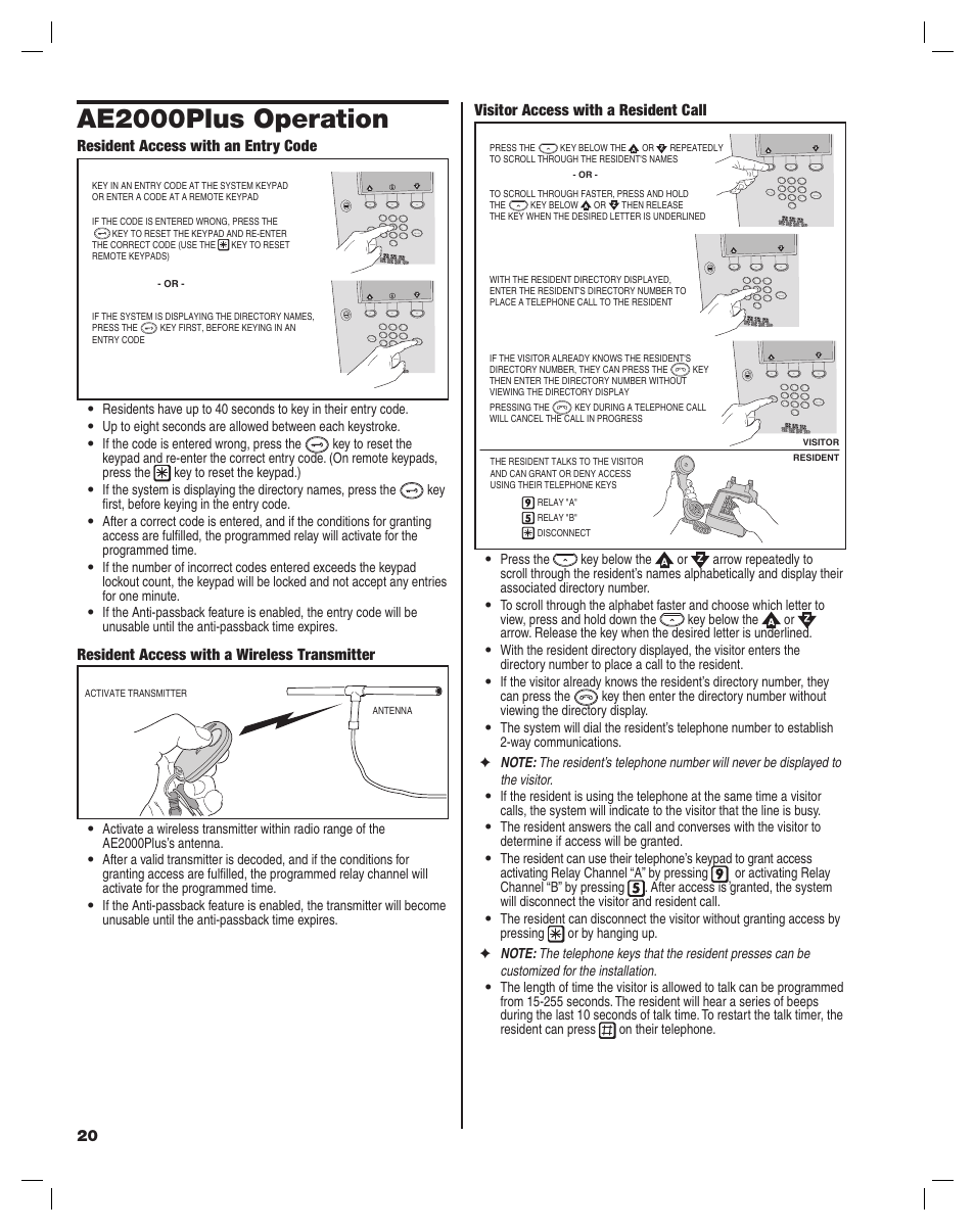 Ae2000plus operation, Resident access with an entry code, Resident access with a wireless transmitter | Visitor access with a resident call | Linear AE2000PLUS User Manual | Page 20 / 24