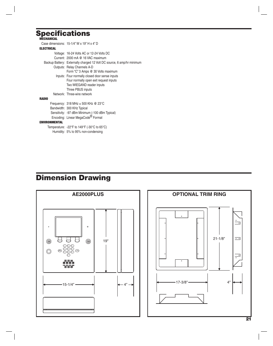 Dimension drawing specifi cations, Optional trim ring, Ae2000plus | Linear AE2000PLUS User Manual | Page 21 / 24