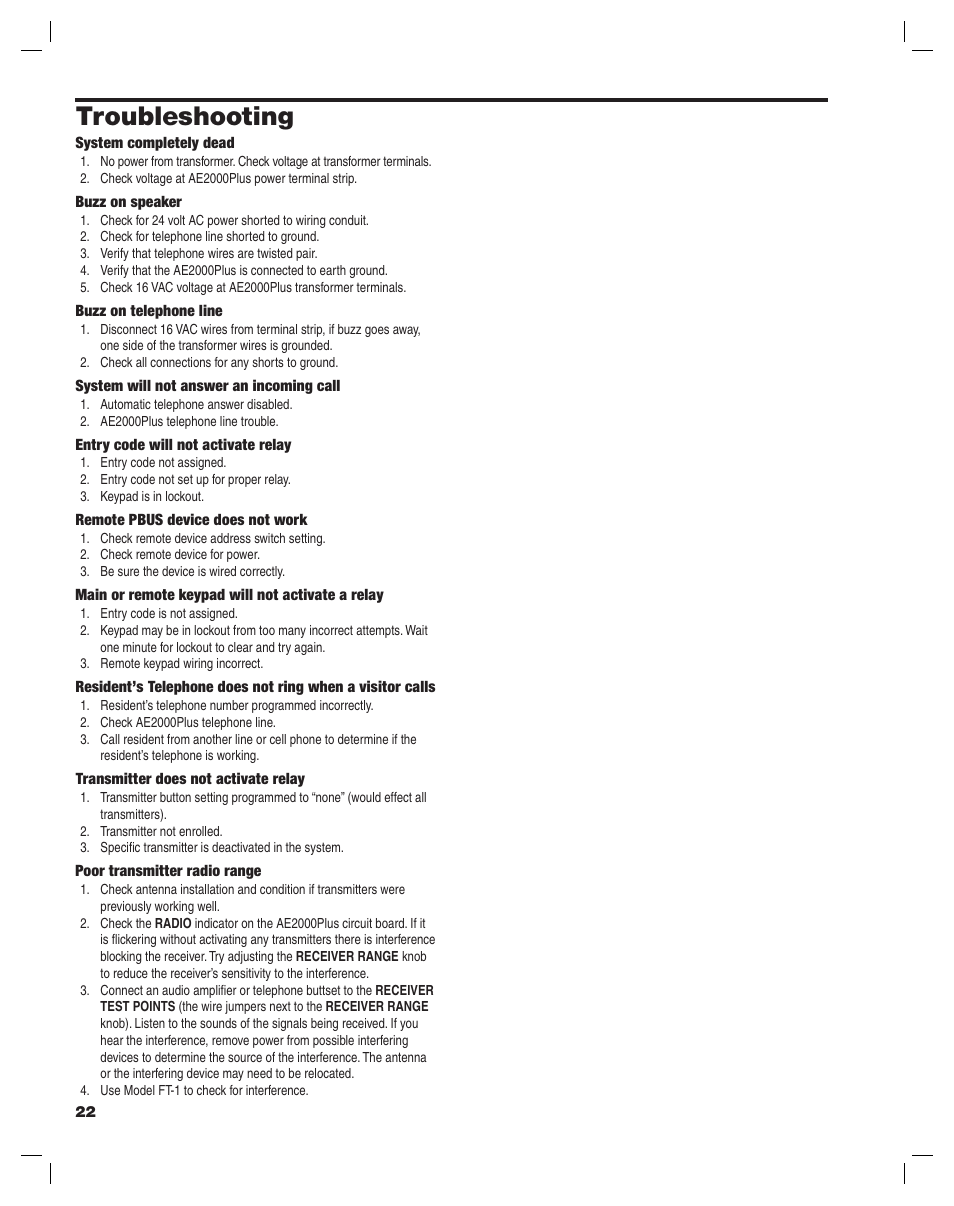 Troubleshooting | Linear AE2000PLUS User Manual | Page 22 / 24