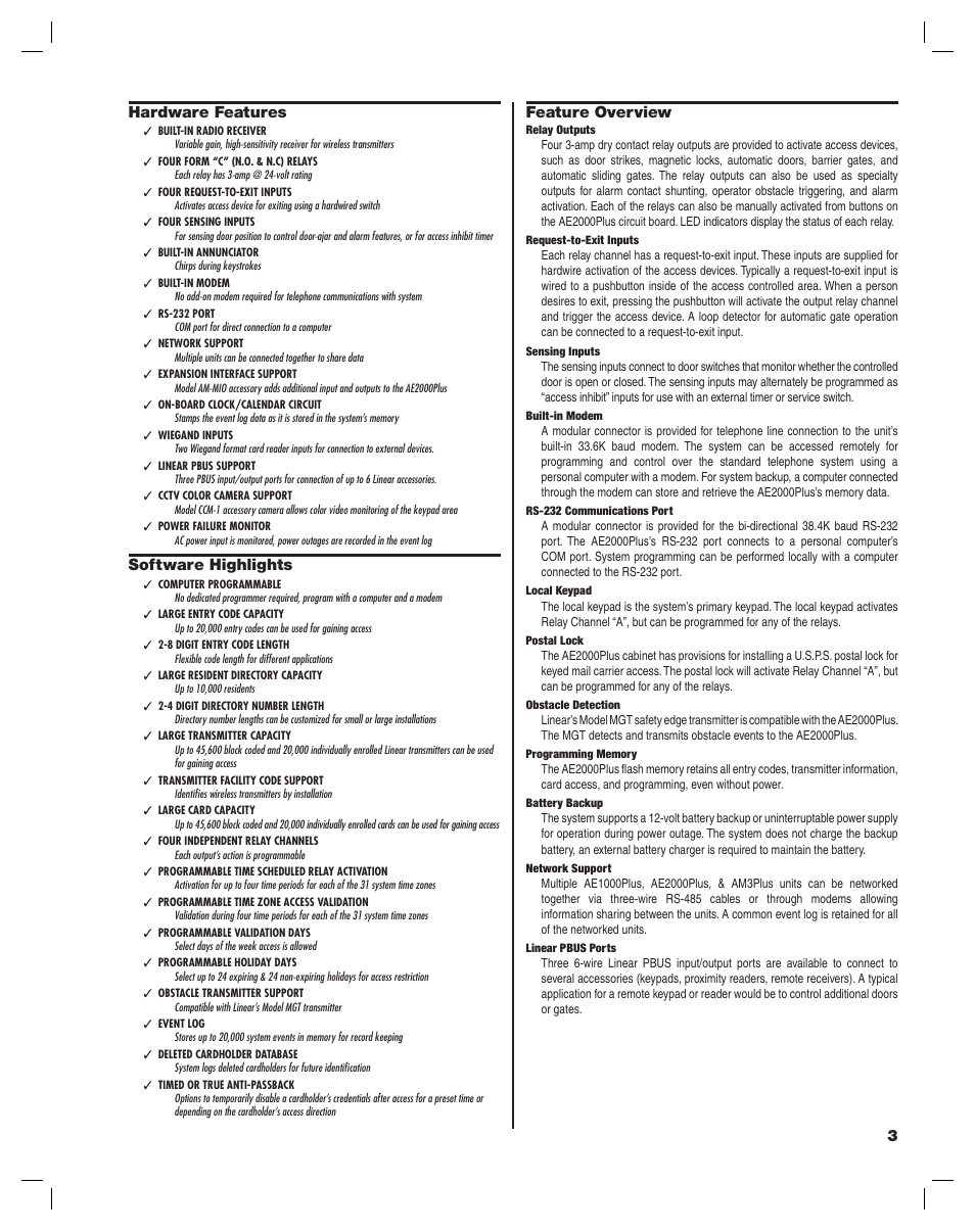 3hardware features, Software highlights, Feature overview | Linear AE2000PLUS User Manual | Page 3 / 24