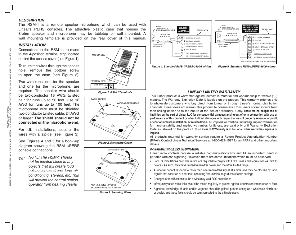Linear limited warranty, Important wireless information | Linear RSM-1 User Manual | Page 2 / 2