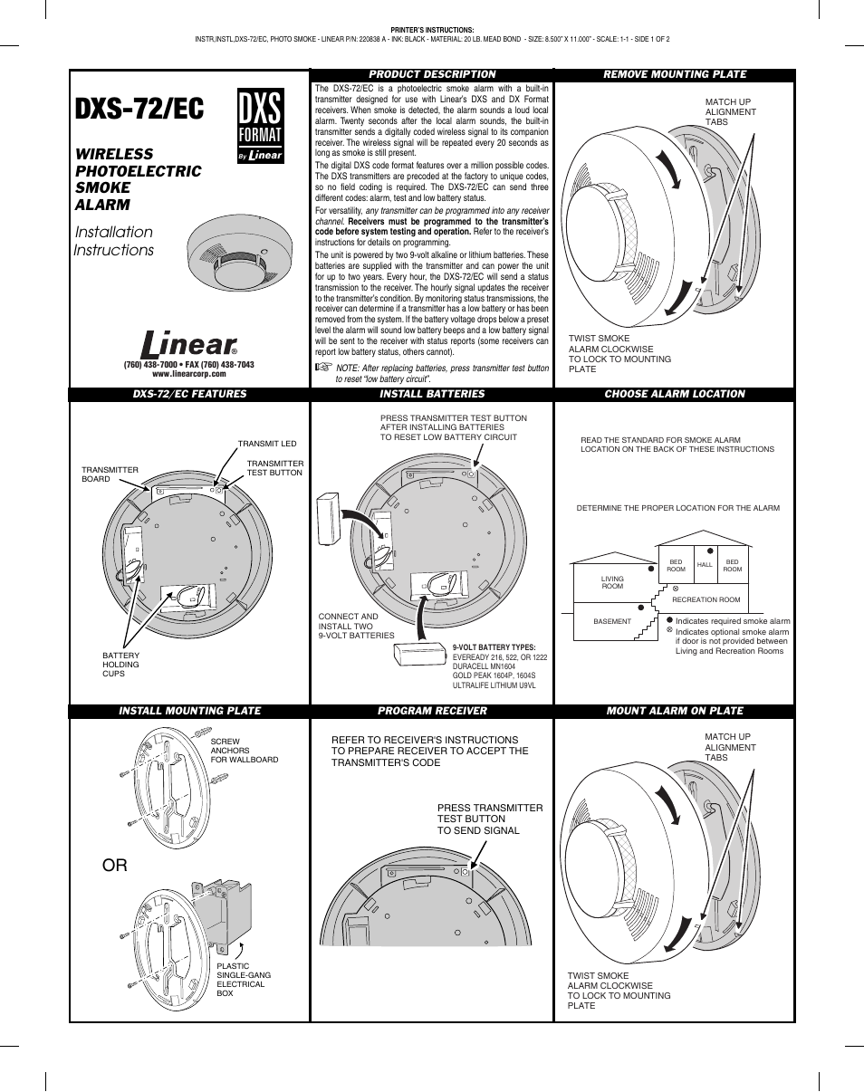 Linear DXS-72/EC User Manual | 2 pages