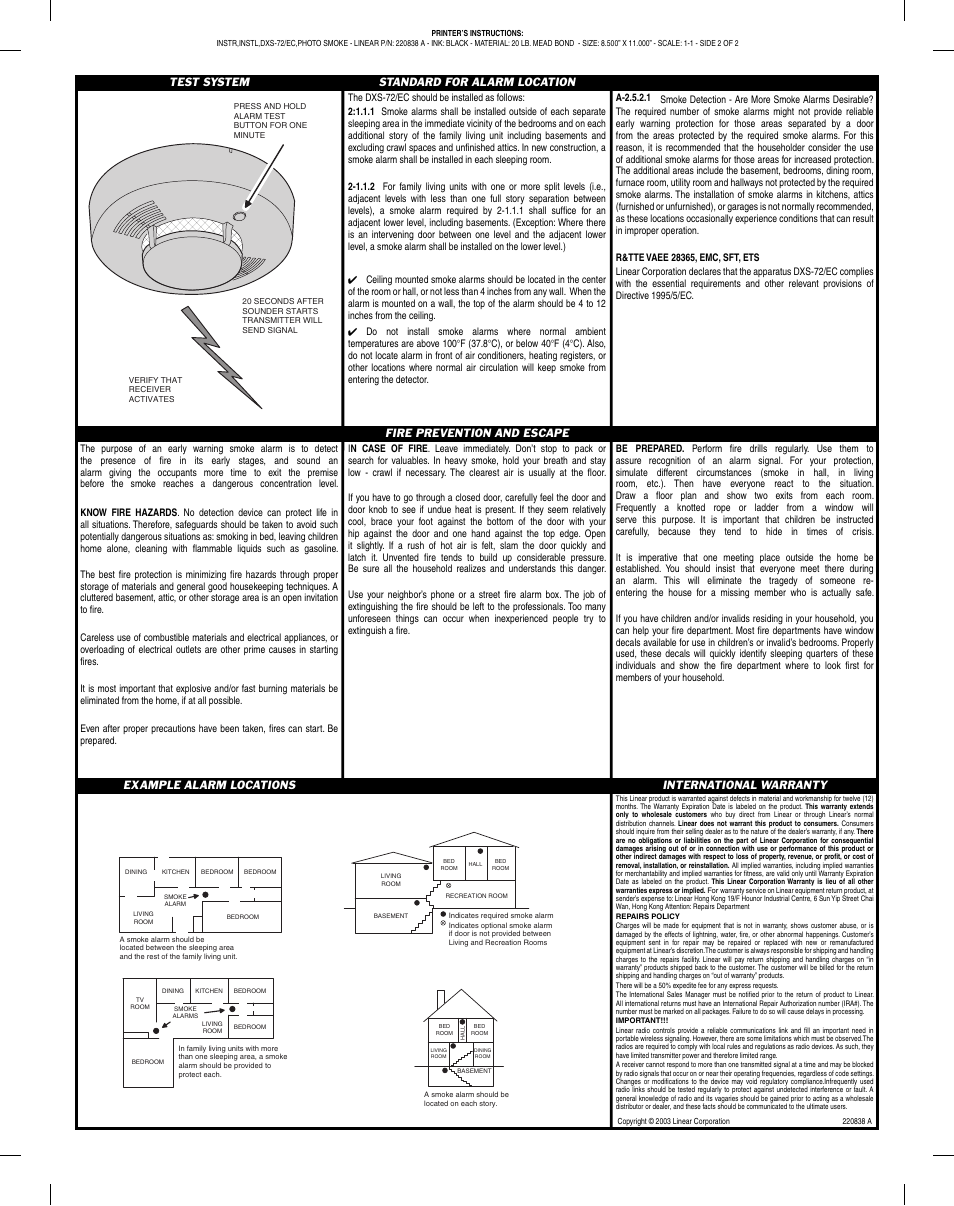 Test system standard for alarm location, Example alarm locations international warranty, Fire prevention and escape | Linear DXS-72/EC User Manual | Page 2 / 2