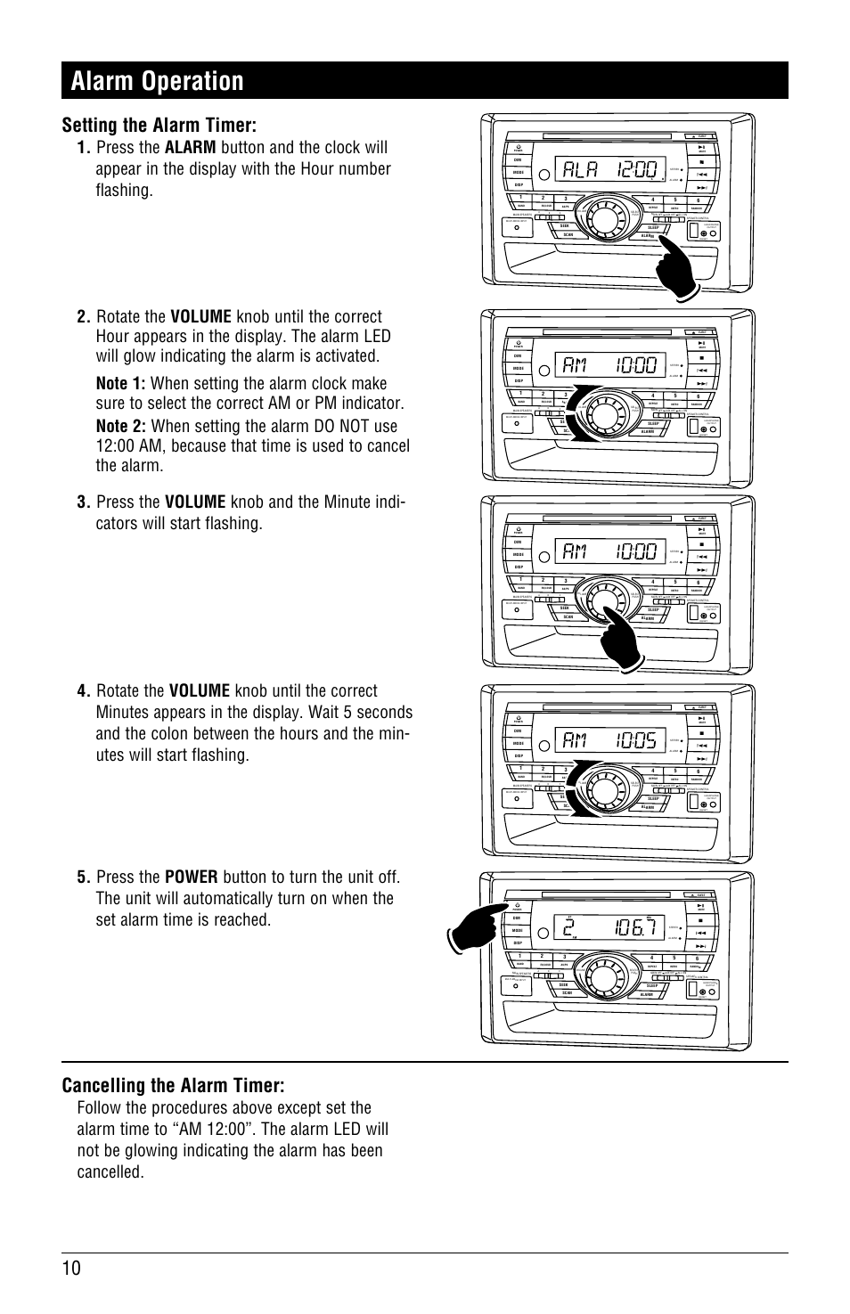 Alarm operation, Setting the alarm timer, Cancelling the alarm timer | Linear RV5055 User Manual | Page 10 / 32