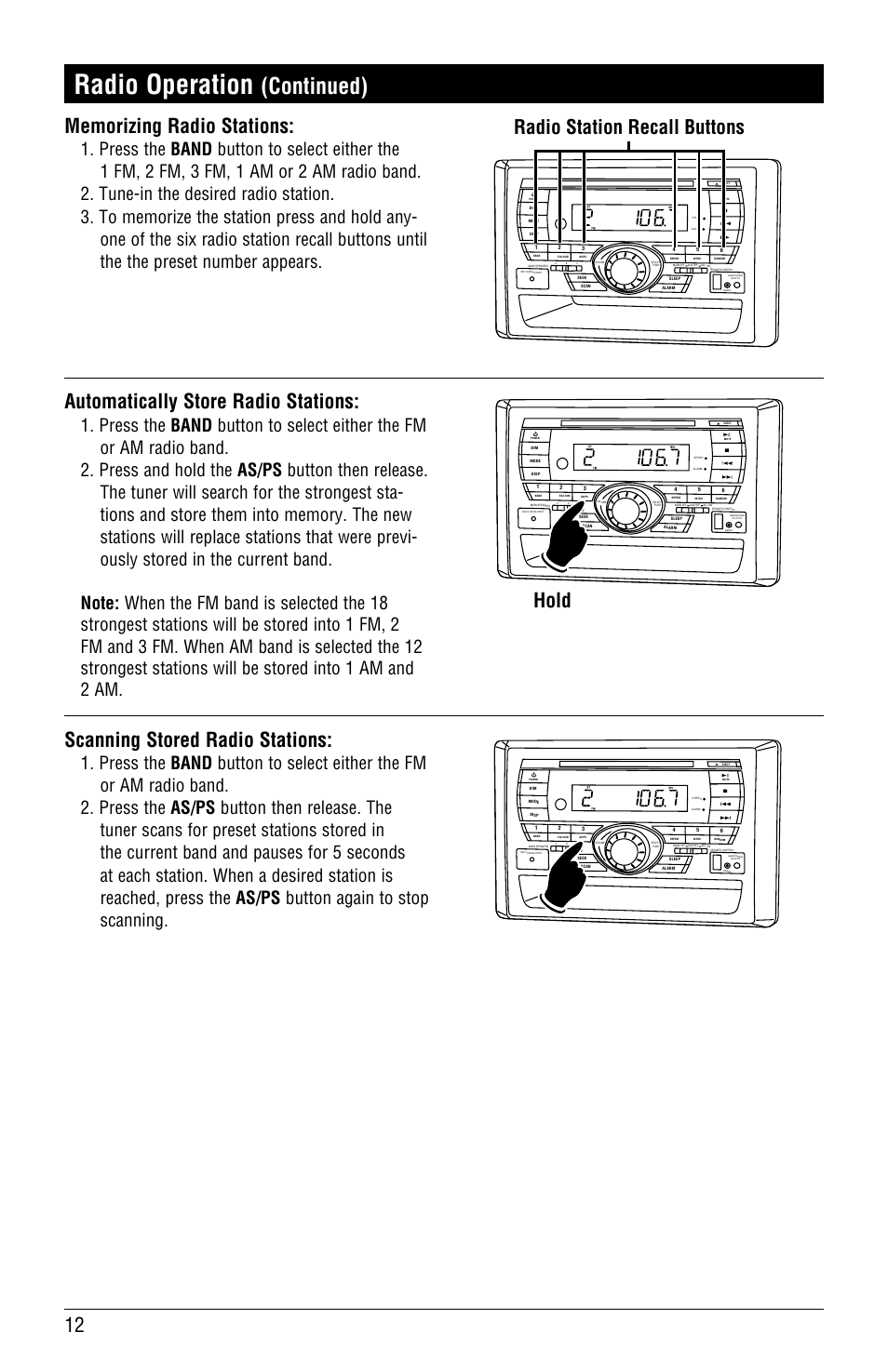 Radio operation, Continued), Automatically store radio stations | Scanning stored radio stations, Hold, Radio station recall buttons | Linear RV5055 User Manual | Page 12 / 32