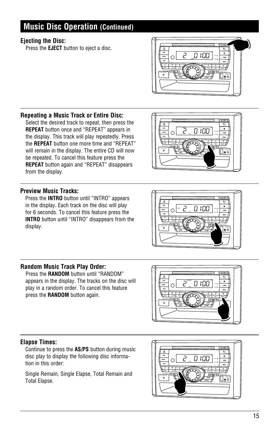 Music disc operation, Continued), Ejecting the disc | Repeating a music track or entire disc, Preview music tracks, Random music track play order, Elapse times, Press the eject button to eject a disc | Linear RV5055 User Manual | Page 15 / 32