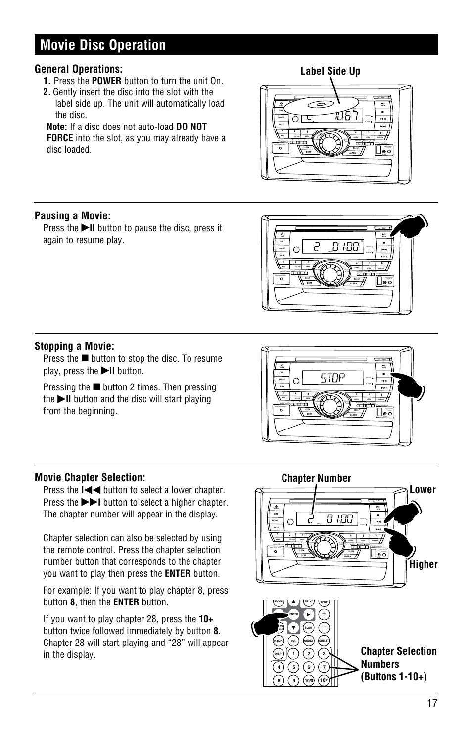 Movie disc operation, General operations, Stopping a movie | Pausing a movie, Movie chapter selection, Label side up, Chapter selection numbers (buttons 1-10+), Higher lower, Chapter number, Press the | Linear RV5055 User Manual | Page 17 / 32