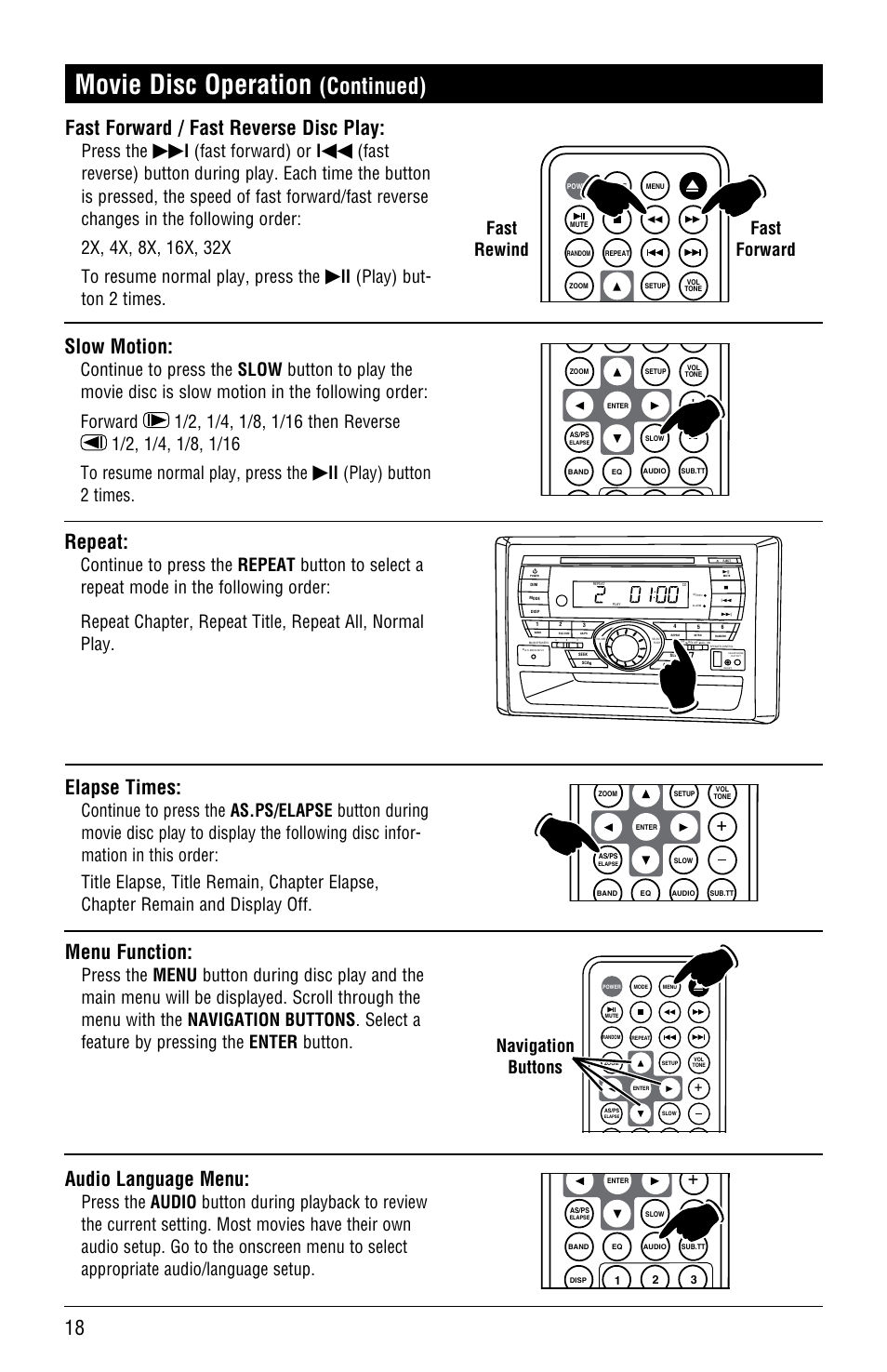 Movie disc operation, Continued), Fast forward / fast reverse disc play | Audio language menu, Slow motion, Repeat, Elapse times, Menu function, Press the, L (fast forward) or l | Linear RV5055 User Manual | Page 18 / 32