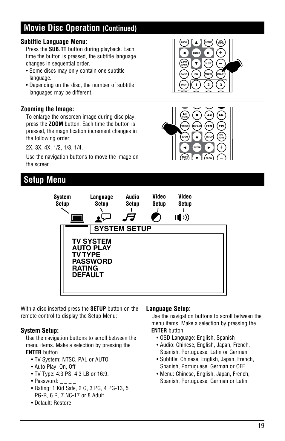Movie disc operation, Setup menu, Continued) | Subtitle language menu, Zooming the image, System setup, Language setup | Linear RV5055 User Manual | Page 19 / 32