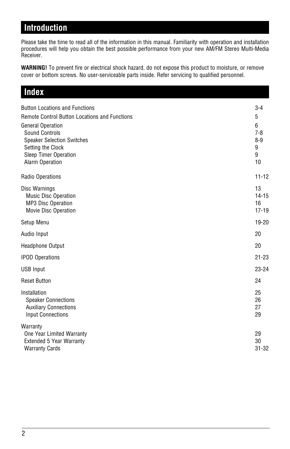 Introduction, Index | Linear RV5055 User Manual | Page 2 / 32