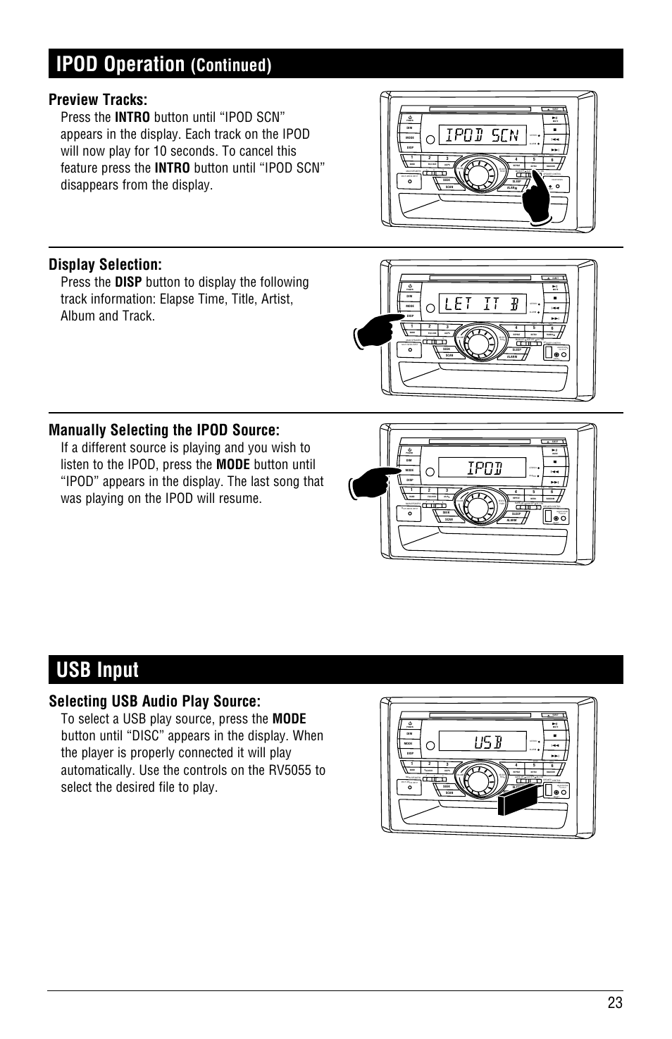Ipod operation, Usb input, Continued) | Selecting usb audio play source, Preview tracks, Display selection, Manually selecting the ipod source | Linear RV5055 User Manual | Page 23 / 32