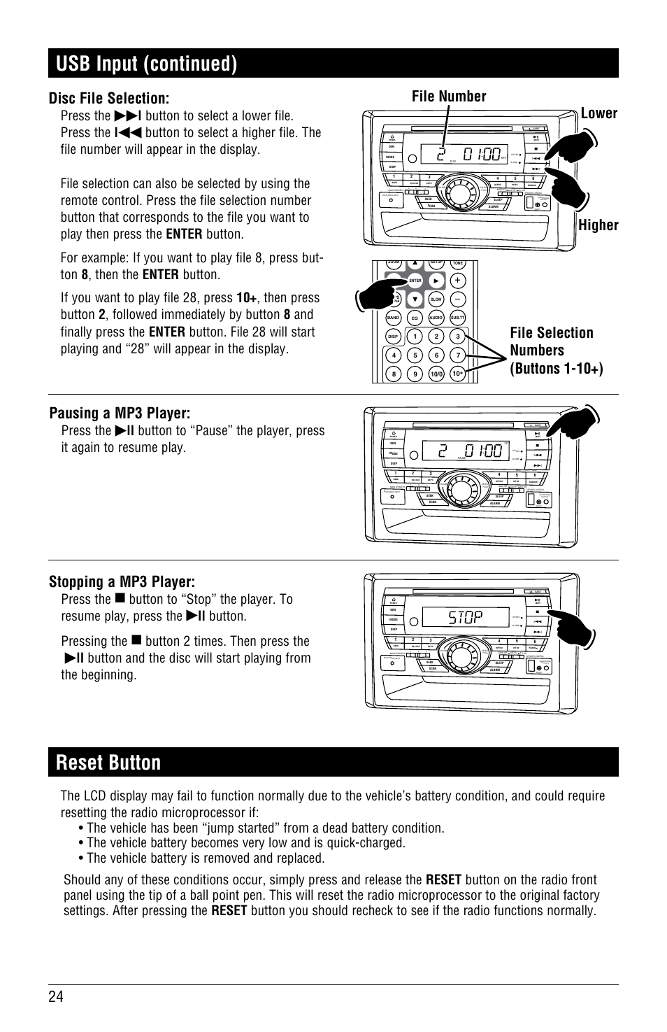 Usb input (continued), Reset button, 24 disc file selection | Pausing a mp3 player, Stopping a mp3 player, File selection numbers (buttons 1-10+), Higher lower, File number, Press the, L button to select a lower file. press the l | Linear RV5055 User Manual | Page 24 / 32