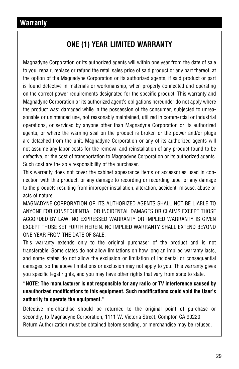 One (1) year limited warranty, Warranty | Linear RV5055 User Manual | Page 29 / 32