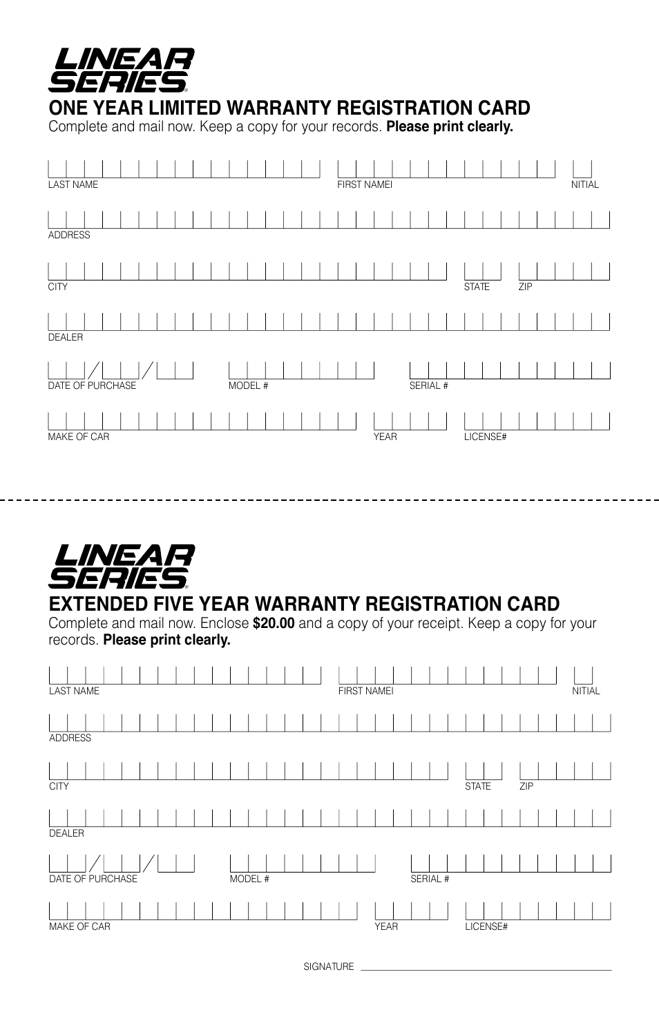One year limited warranty registration card, Extended five year warranty registration card | Linear RV5055 User Manual | Page 31 / 32