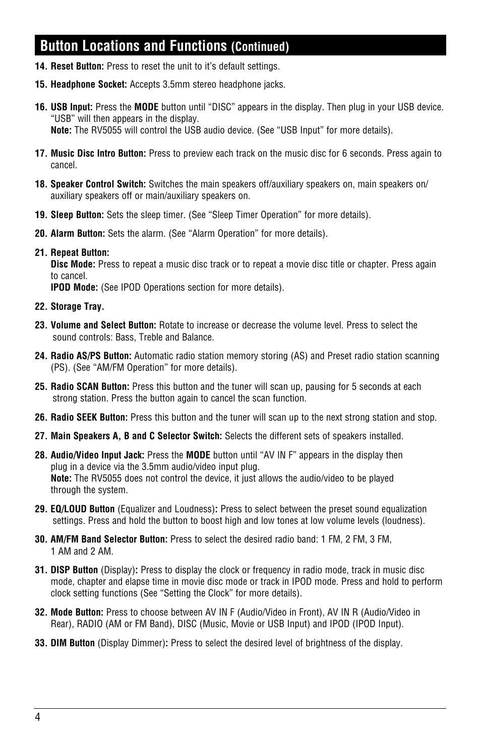Button locations and functions, Continued) | Linear RV5055 User Manual | Page 4 / 32