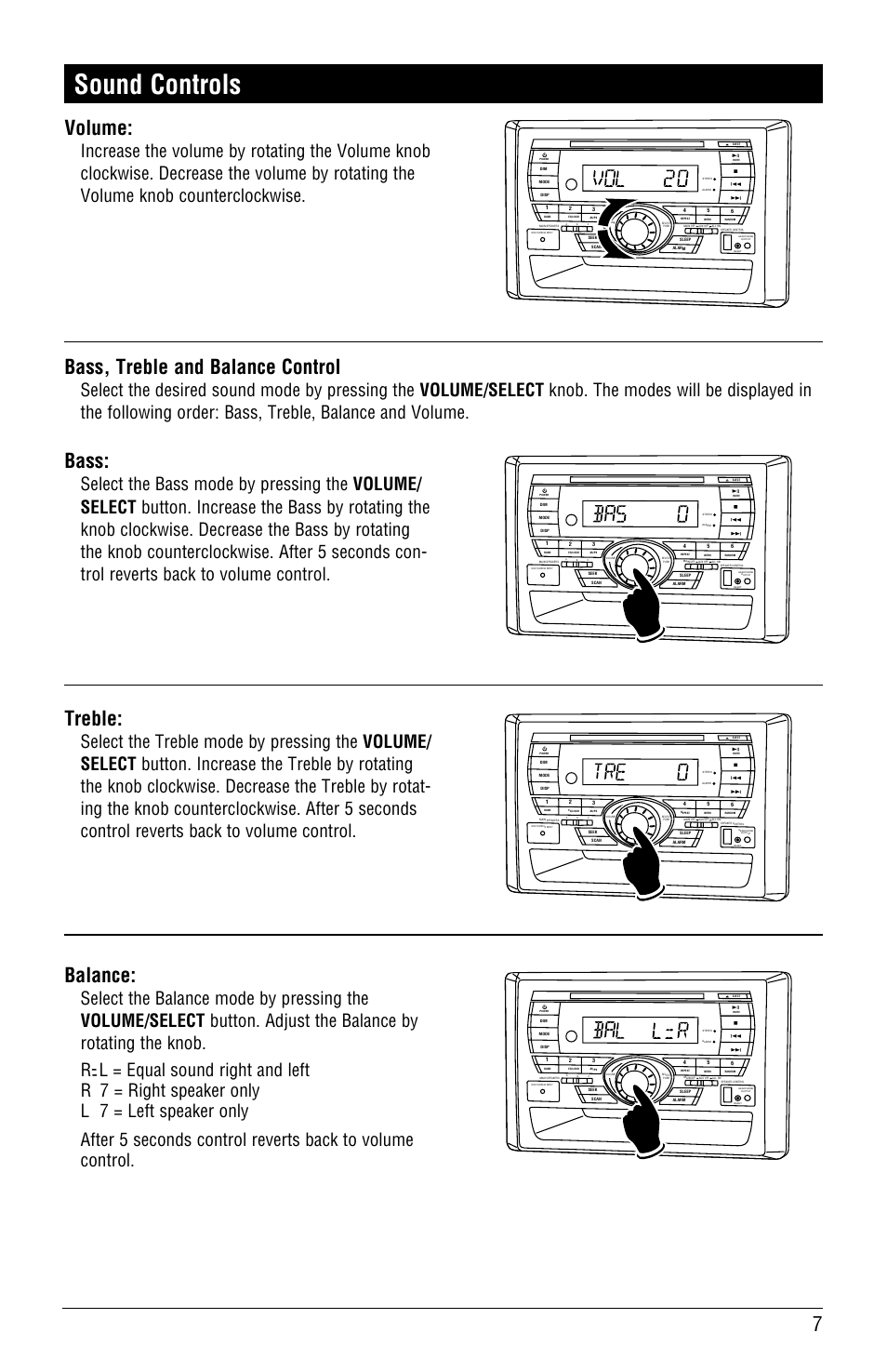 Sound controls, Bass, Treble | Balance, Volume, Bass, treble and balance control | Linear RV5055 User Manual | Page 7 / 32