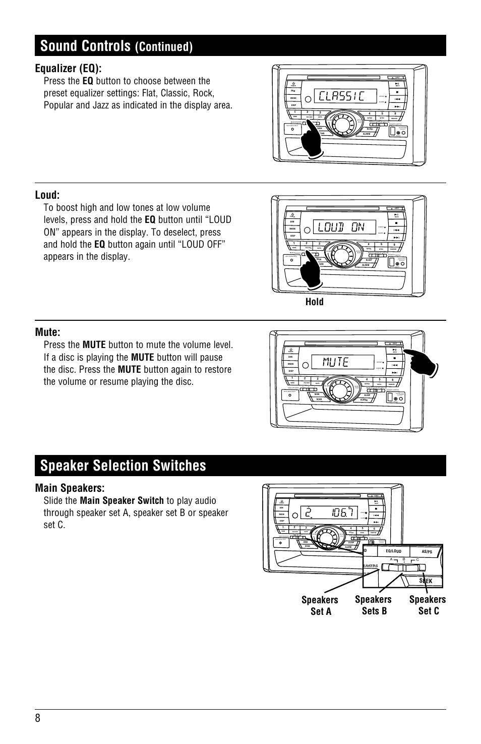 Sound controls, Speaker selection switches, Continued) | Equalizer (eq), Loud, Mute, Main speakers, Speakers set a, Speakers set c speakers sets b, Seek | Linear RV5055 User Manual | Page 8 / 32