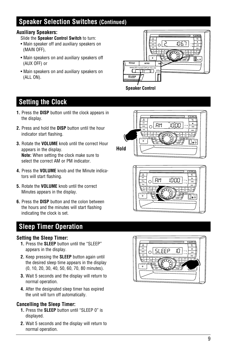 Setting the clock, Speaker selection switches, Sleep timer operation | Continued), 9auxiliary speakers, Hold, Setting the sleep timer, Cancelling the sleep timer, Speaker control, Sleep | Linear RV5055 User Manual | Page 9 / 32