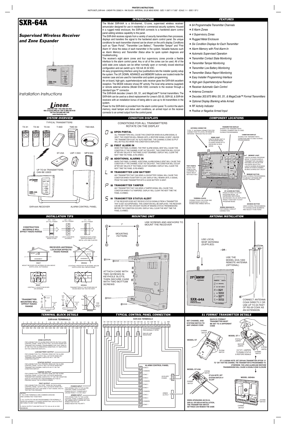 Linear SXR-64A User Manual | 2 pages