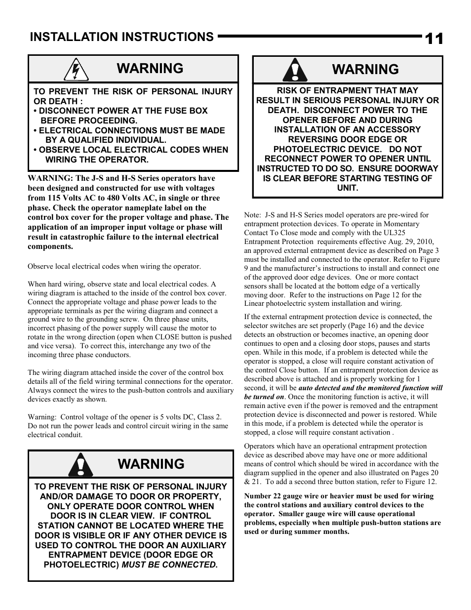 Warning, Installation instructions | Linear J-S User Manual | Page 11 / 26