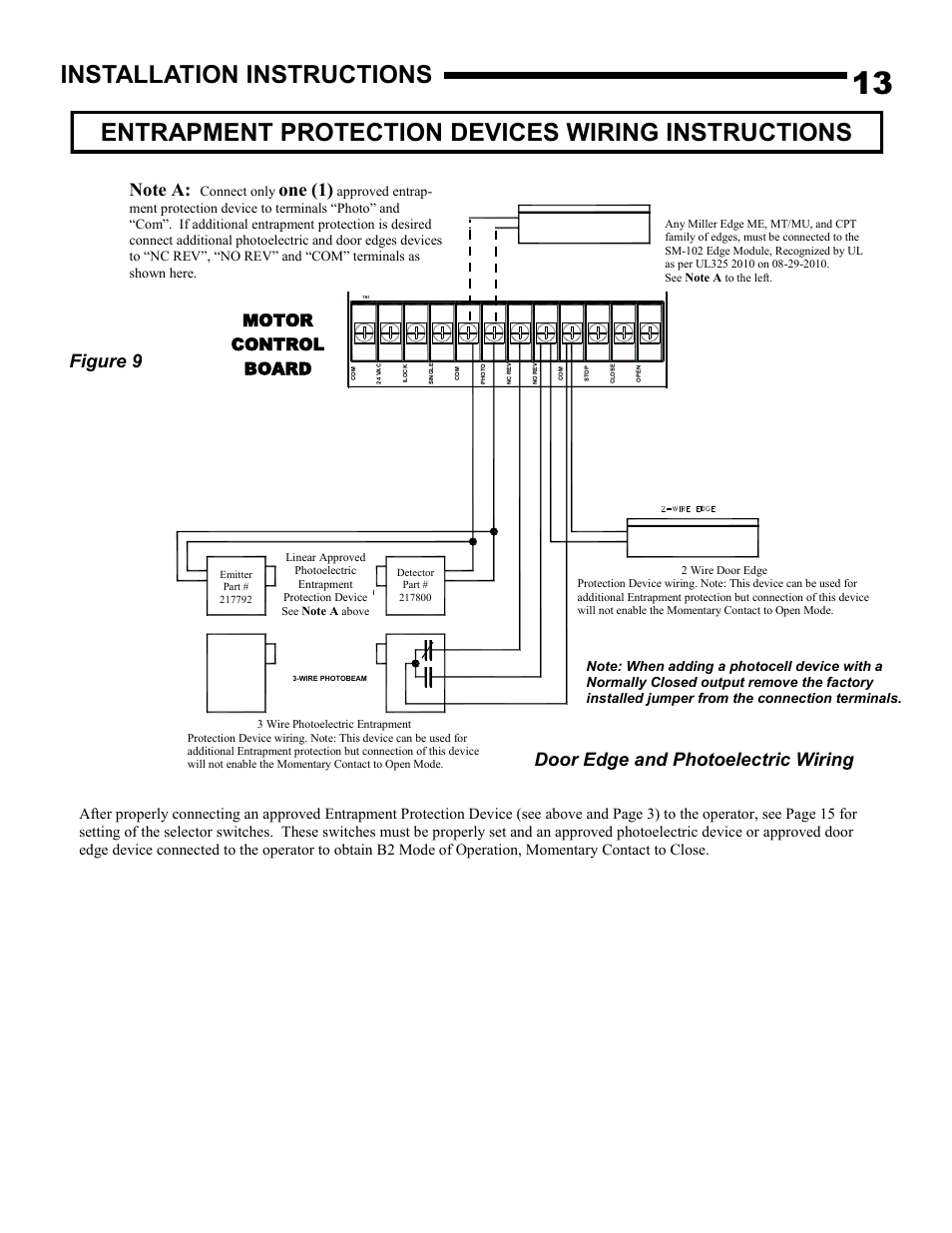 Entrapment protection devices wiring instructions, Installation instructions, Figure 9 | Door edge and photoelectric wiring, One (1), Motor control board, Connect only | Linear J-S User Manual | Page 13 / 26