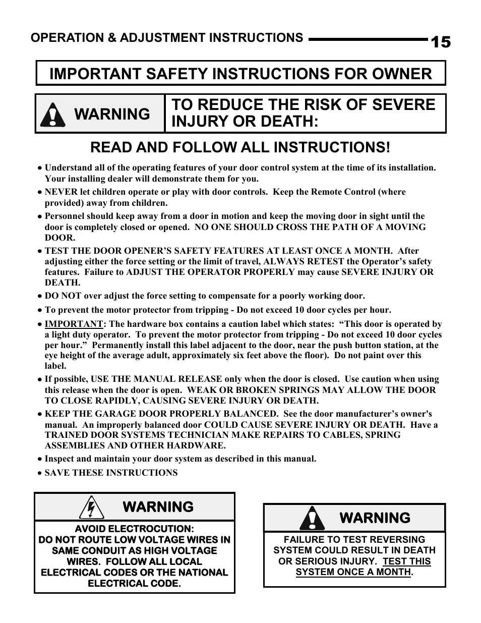 Important safety instructions for owner, Read and follow all instructions, Warning | Linear J-S User Manual | Page 15 / 26